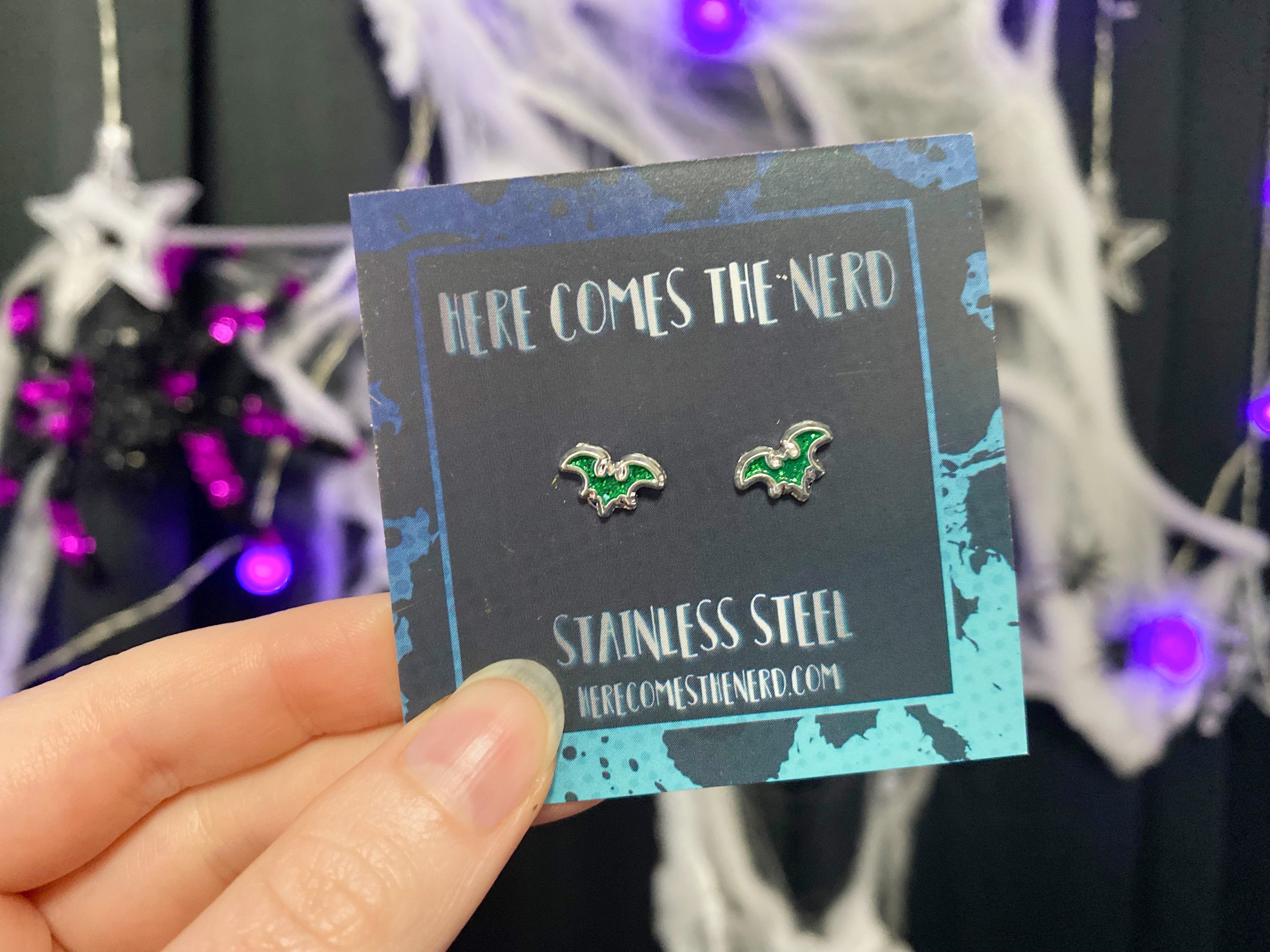 Haunted Bats (Green) - Stud Earrings (For Sensitive Ears)